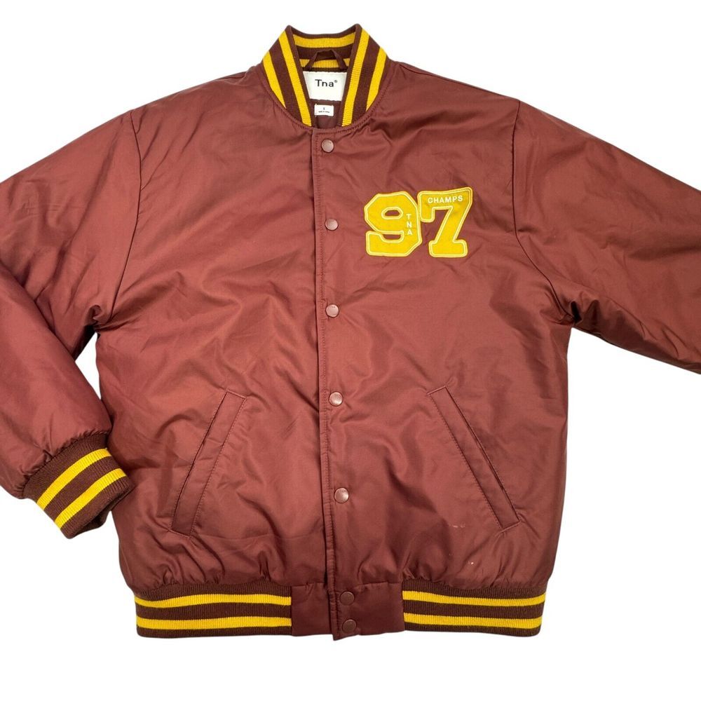 Tna Varsity Jacket Men Small Burgundy Lined Ribbed Cuffs Long Sleeve Snap Button